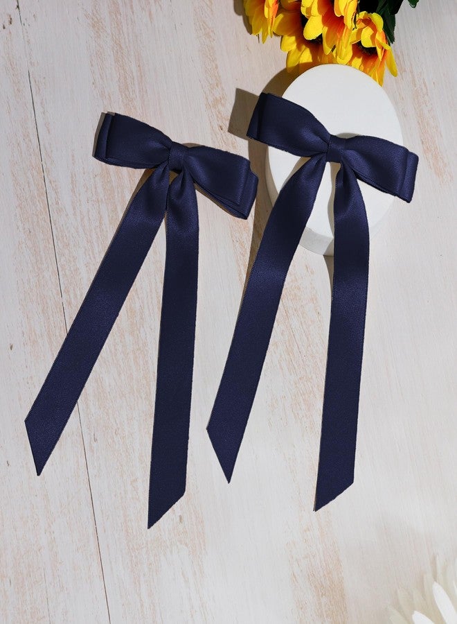 TULOBI 2PCS Navy Blue Hair Bows Solid Satin Polyester Ribbon Bow Hair Clips Ponytail Big French Hair Barrettes with Long Tail Wedding Dress Decor Hair Accessories for Women Toddler Teen Girls - Image 5